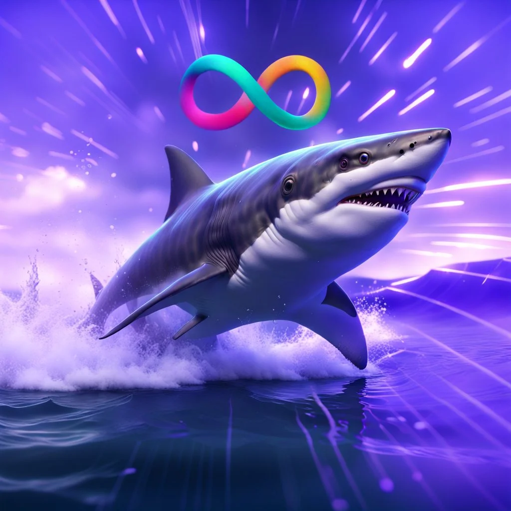 infinity symbol ∞ with vibrant powerful shark jumping out of the sea, striking, chiaroscuro, dramatic, captivating, powerful, fantasy, beautiful, octane render, 16k post-production, artstation: award-winning: atmospheric: commanding: fantastical: clarity: ultra quality: striking: brilliance: stunning colors: amazing depth; lens: f/11, 35mm