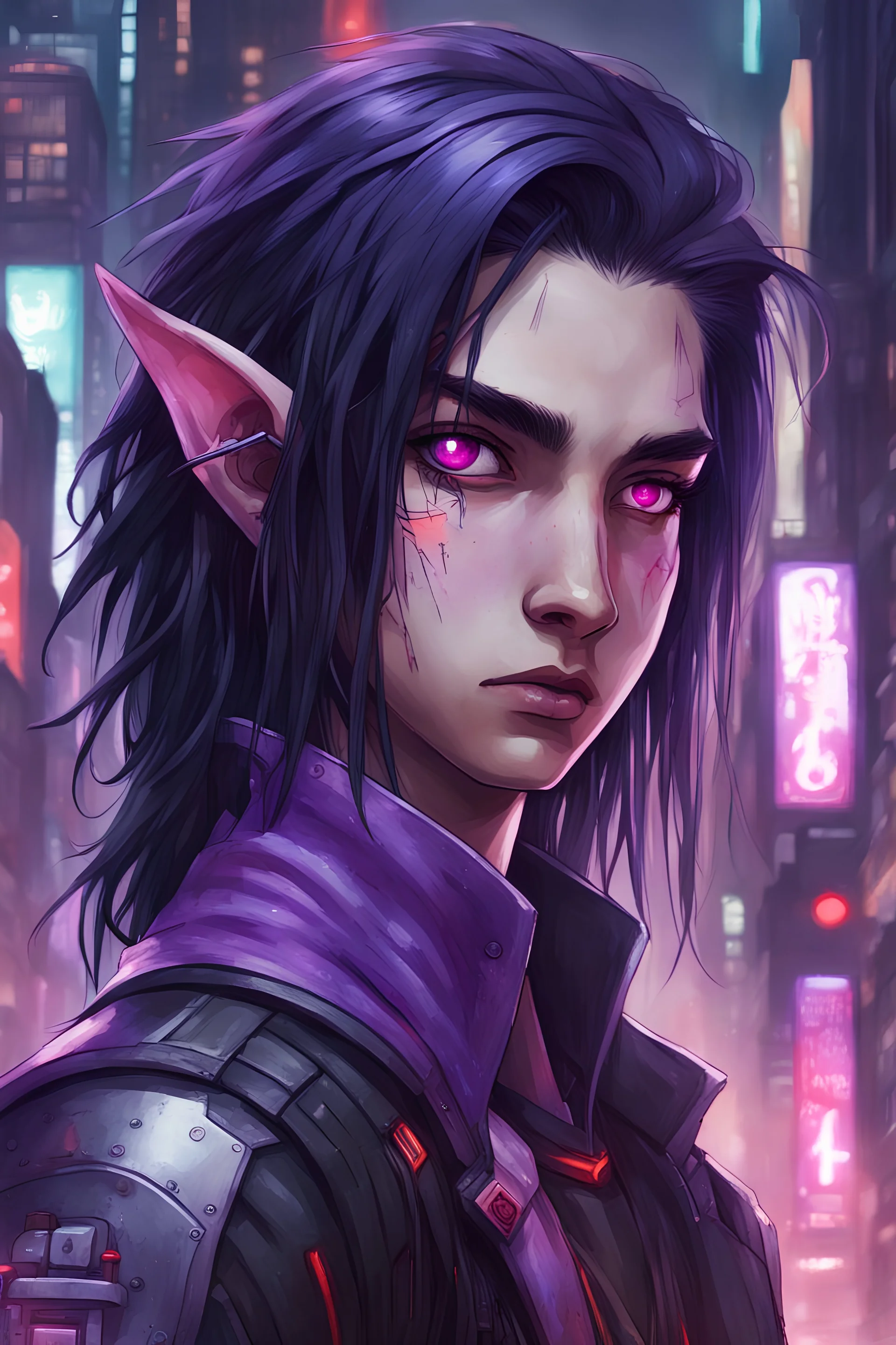 Dessine un jeune garçon elfe androgyne avec de longs cheveux noirs et des mèches violettes, un oeil droit rouge et un oeil gauche violet, le tout dans un décor de ville cyberpunk