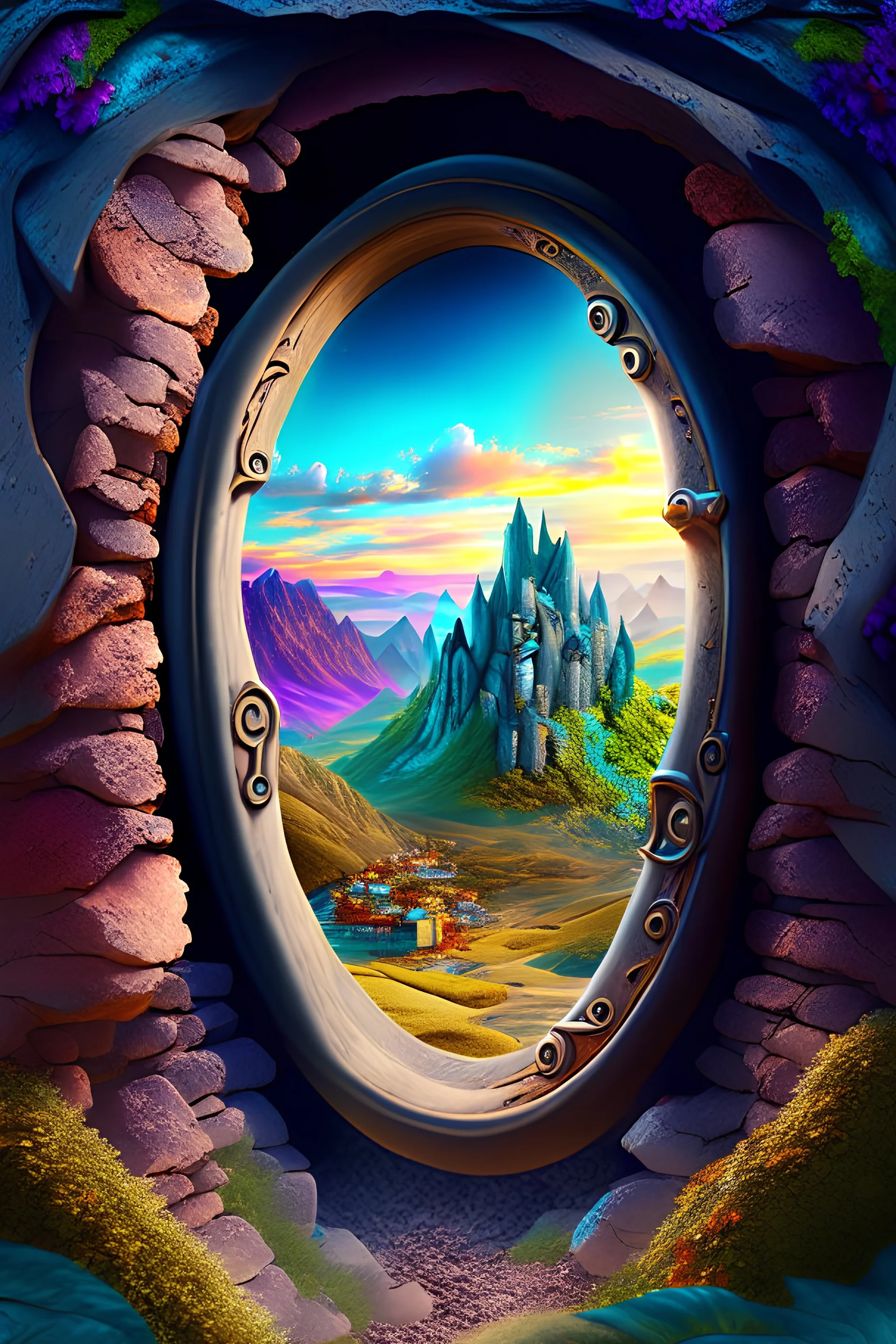 Old Keyhole with a view of the beautiful fantasy landscape, hyper realistic, hyper detailed, vibrant, bright, 3d rendering, 4k