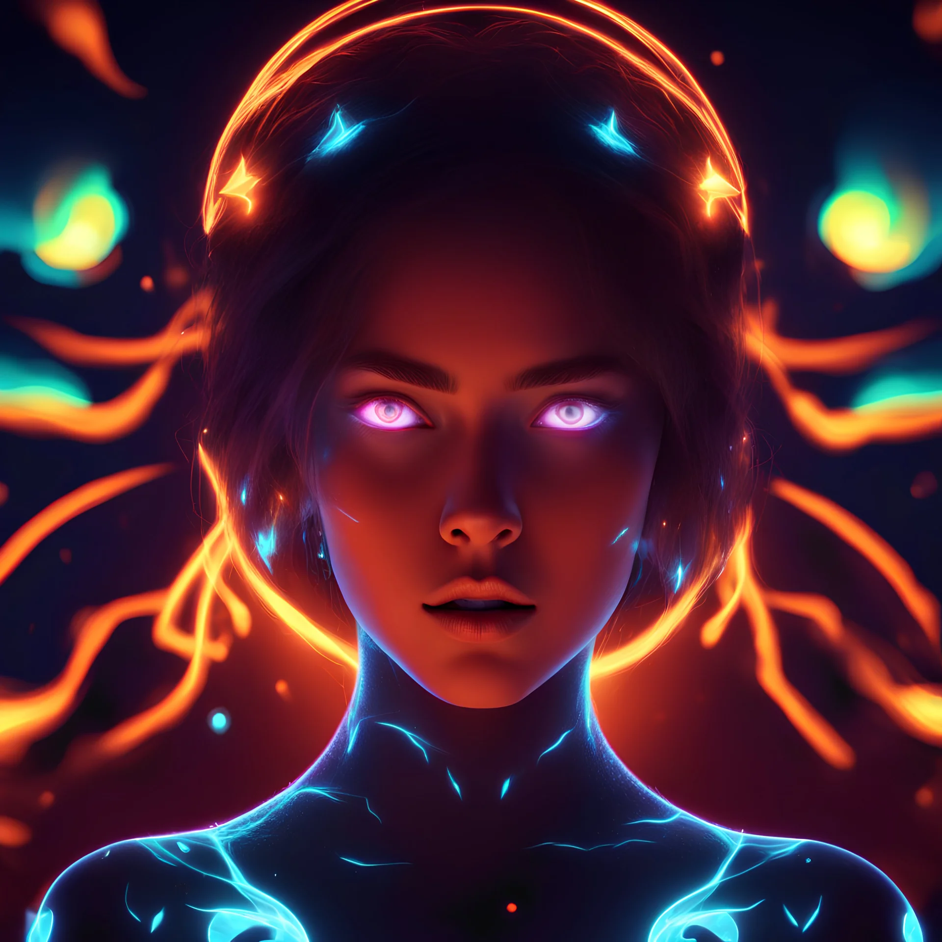 Cosmic dream face, woman, neon, abstract, amazing shadow and lightning, 4k, cinematic, glowing eyes, cosmic, face, dream, space, stars, amazing, art, glowing, fire