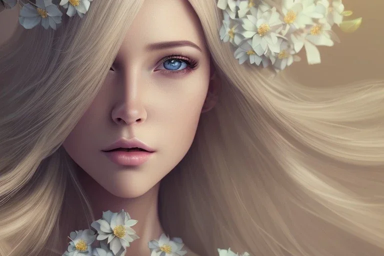 femme long cheveux blond yeux bleus , 8k resolution, flower magnolia, beautifulhijab portrait, 8k resolution, flower head and body, beautiful