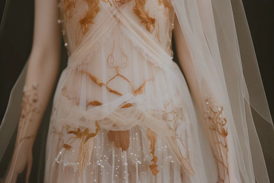 double exposure, merged layers, Beautiful composition of different fabrics, embroidered tulle with jewels, lace and raw pearls, silk, velvet, burlap, double exposure, heart, waterfall, golden glitters in sunshine