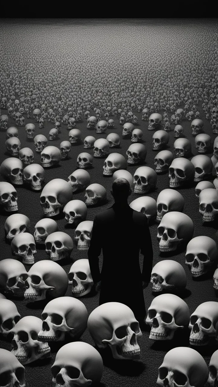 Bosch nightmares paining style Title:a field of small human skulls all colored in black and white, a shadow of man standing in the middle, 8k artistic photography, photorealistic concept art, soft natural volumetric cinematic perfect light, chiaroscuro, award-winning photograph, masterpiece, oil on canvas, Raphael, Caravaggio, Greg Rutkowski, people, beksinski, Giger