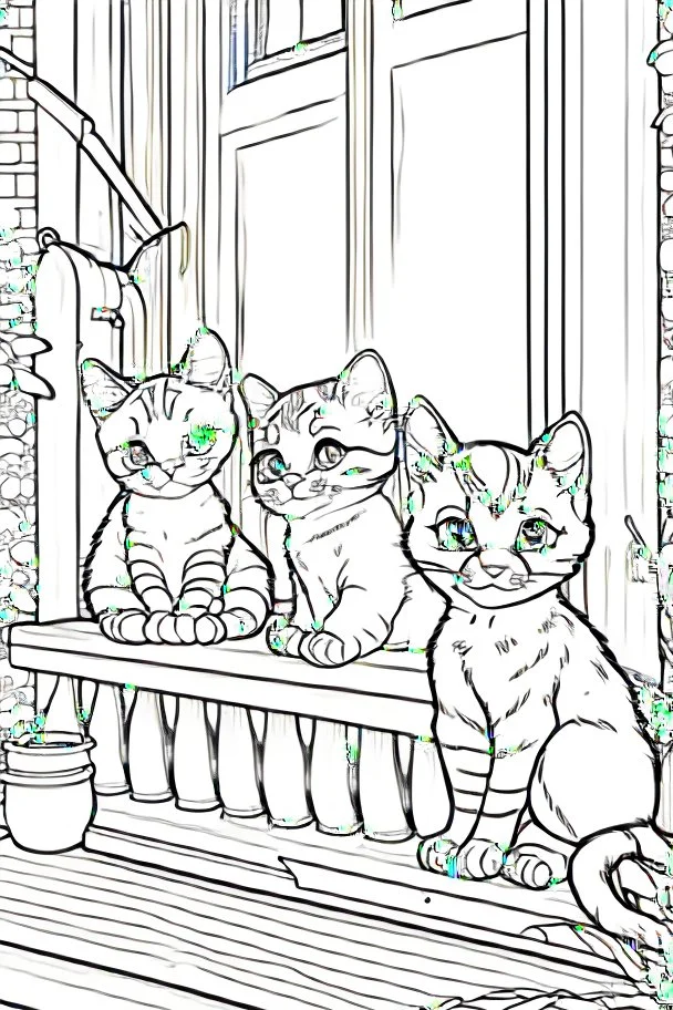 kids coloring page, Cats on the porch, cartoon style, thick lines, low detail, no shading