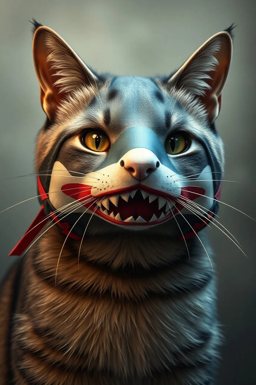 cat with shark mask in the style of japanese photo realism