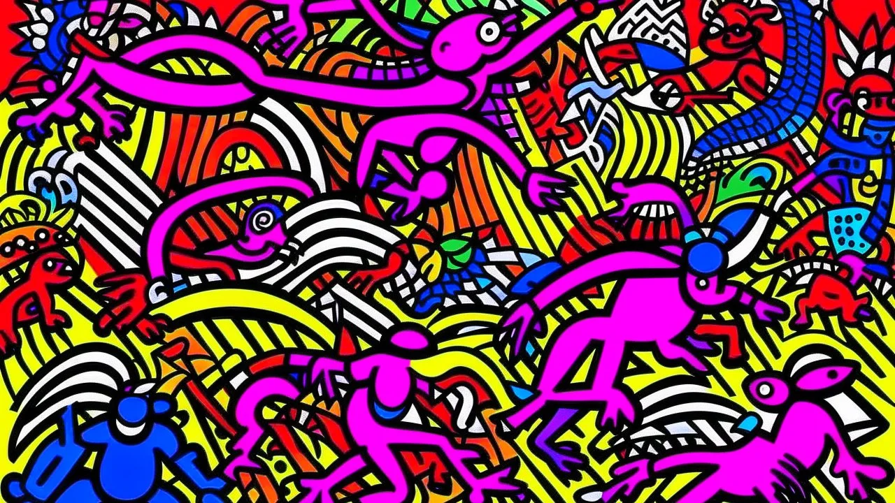 A purple fiery shadow realm designed in Indian Gond art painted by Keith Haring
