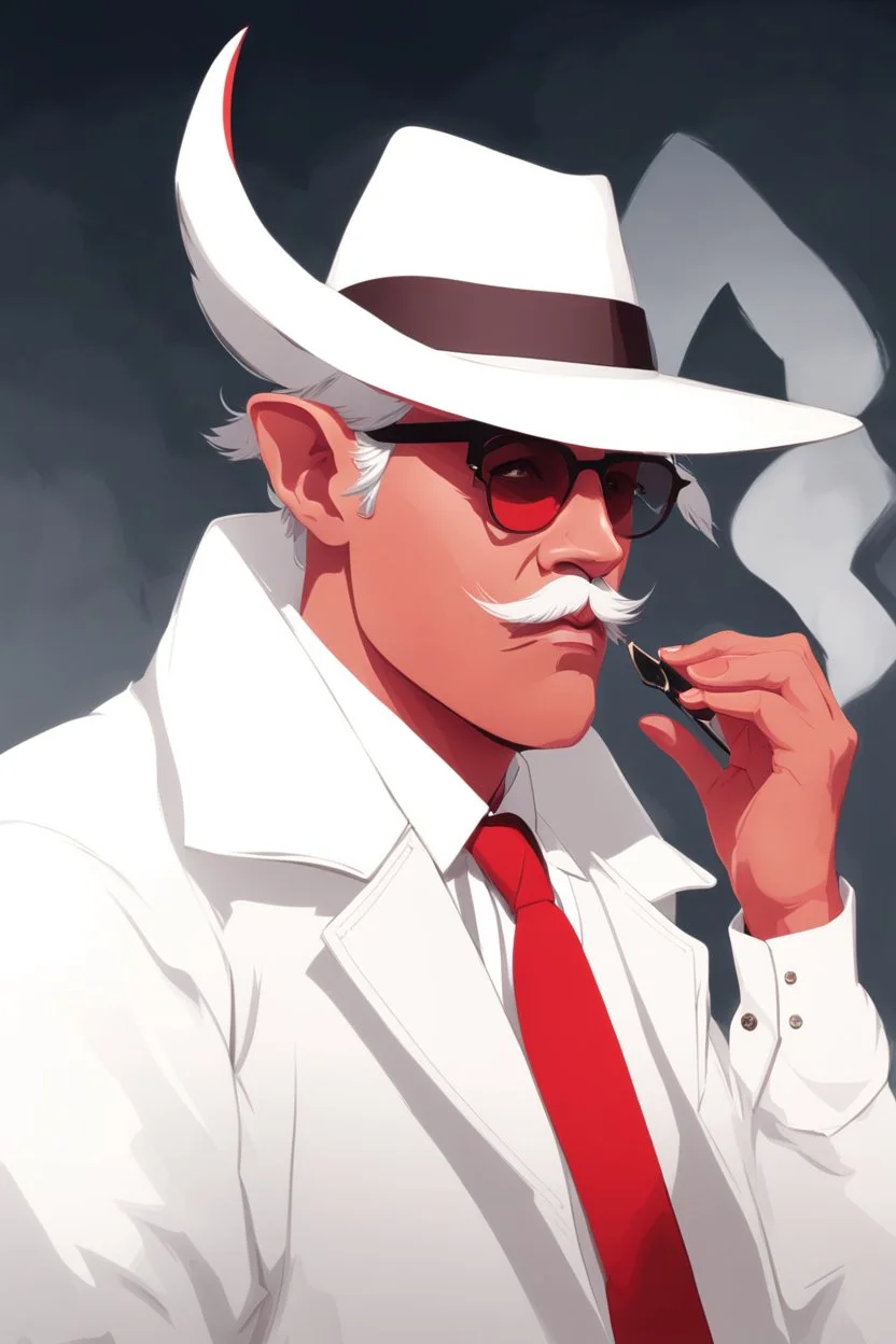 An old male crimson red tiefling wearing a white police comisioner outfit, he is also wearing glasses, he has a white scruffy mustache, and a neat black fedora.