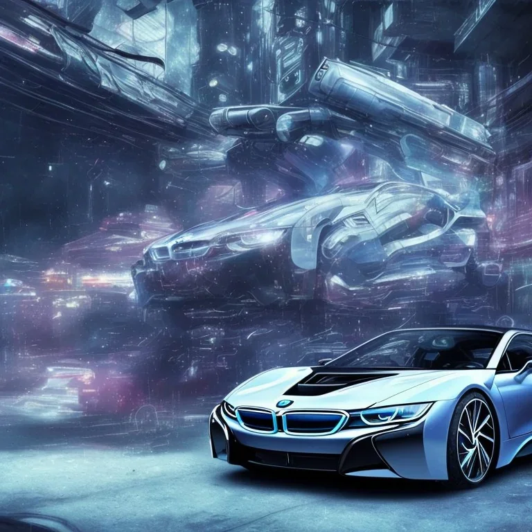 bmw i8 in a cyberpunk style cit