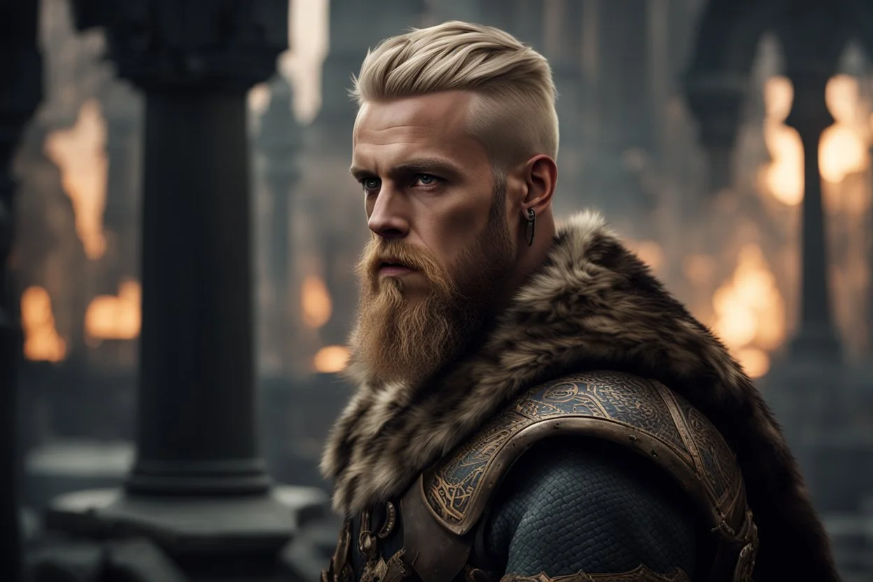 photorealistic portait of henry cavell as viking with blonde undercut tribal tattoos wearing modern mercenary uniform fantasy dark cityscape