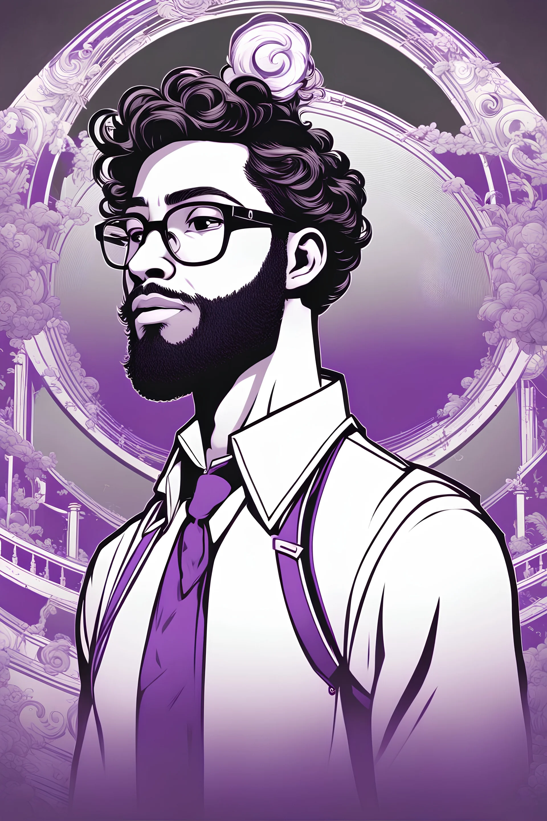 A young black adult man with beard short curls and glasses doing an Elizabeth impression including the dress from Bioshock Infinite. only duotone purple and white. In the style of Akemi Takada, ultra detailed manga drawing, professional lighting, simple logo background. manga japanese comic style
