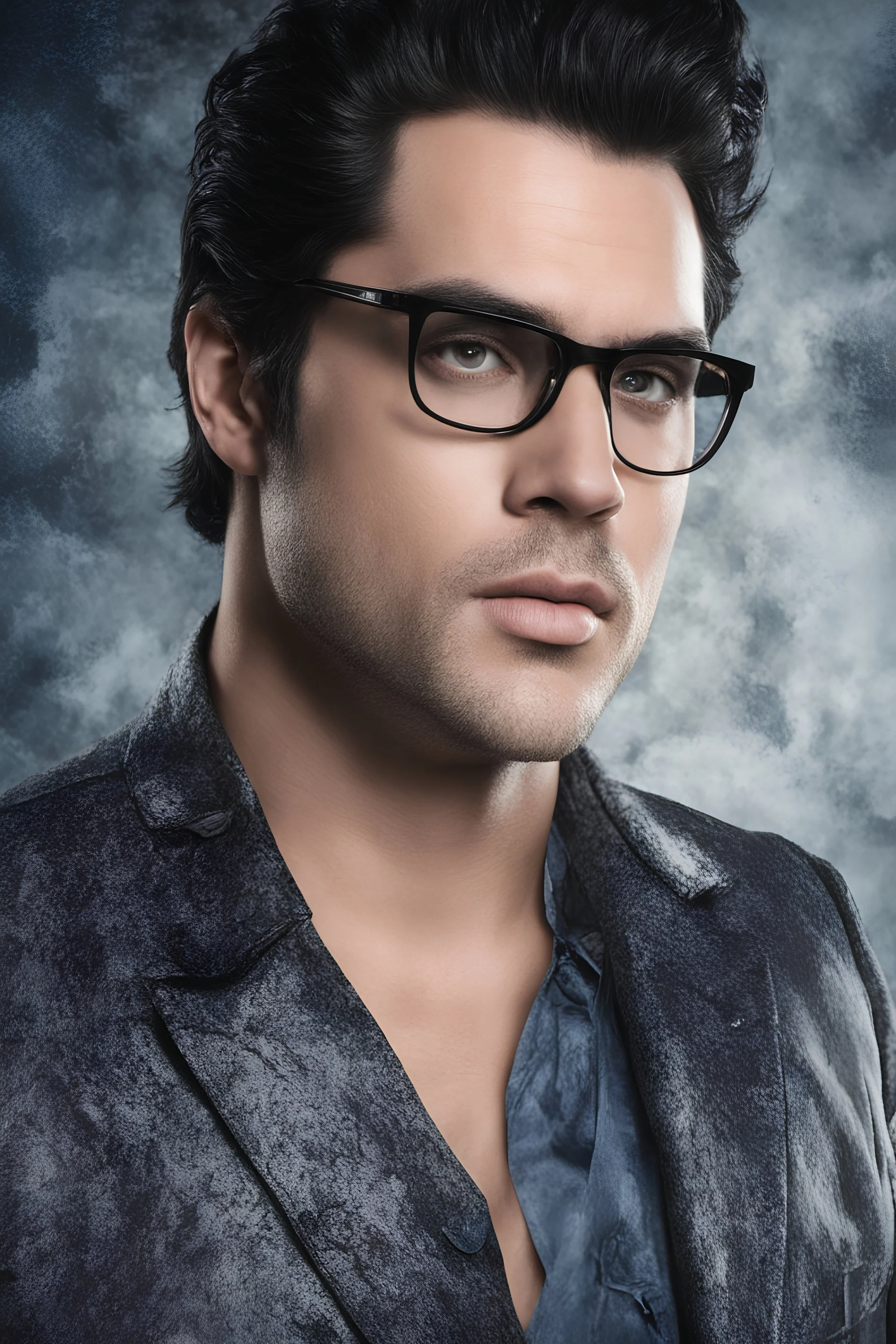 Henry Cavill portraying Elvis Presley, 4k UHD, photorealistic, ((big, full, plump, pouty lips:1.5)) black hair, big cat-eye eyeglasses, dark blue foggy gradated marble wall background, extremely detailed skin texture,