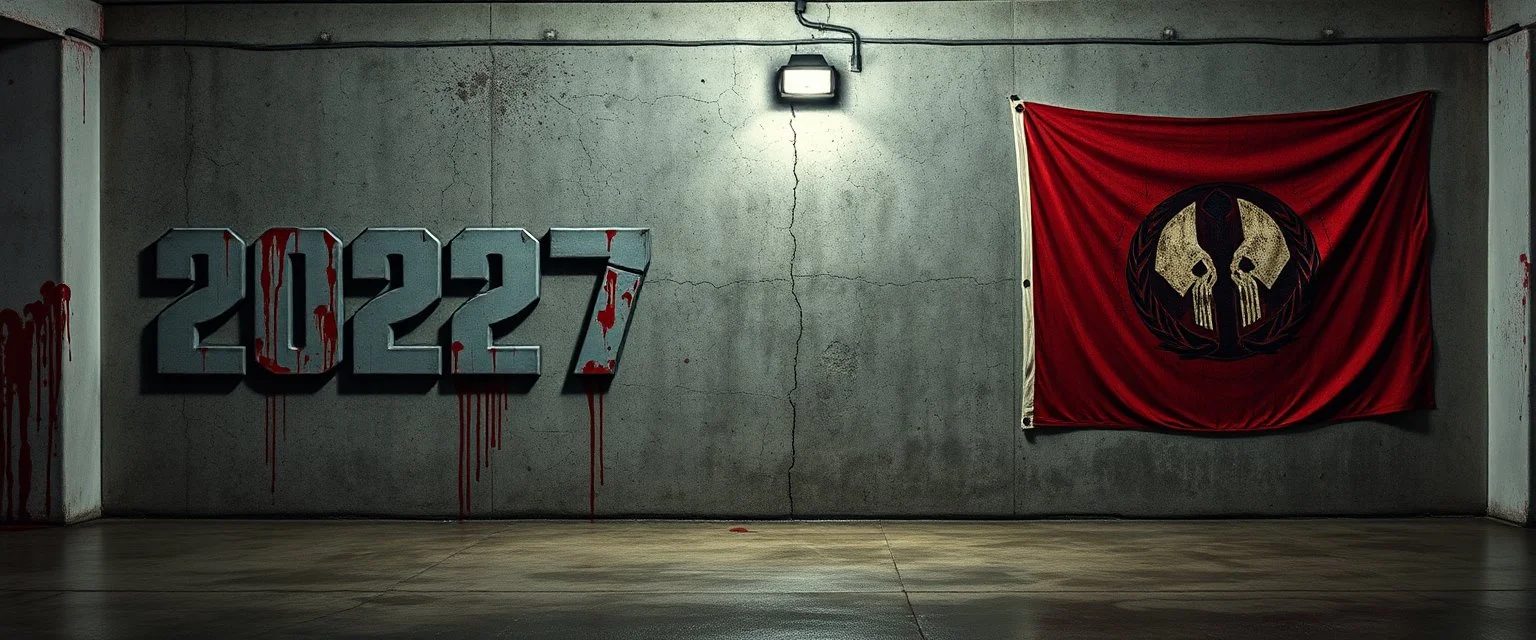 background of firing squad execution wall(wet textured concrete, gray, old, cracked, billet holes, blood stained, 1 wall light) from underground parking, german style, a large blocky upside down "2027" painted on left(old faded paint, red stains running down and past), cyberpunk, muralo on right of Republic of Gilead flag