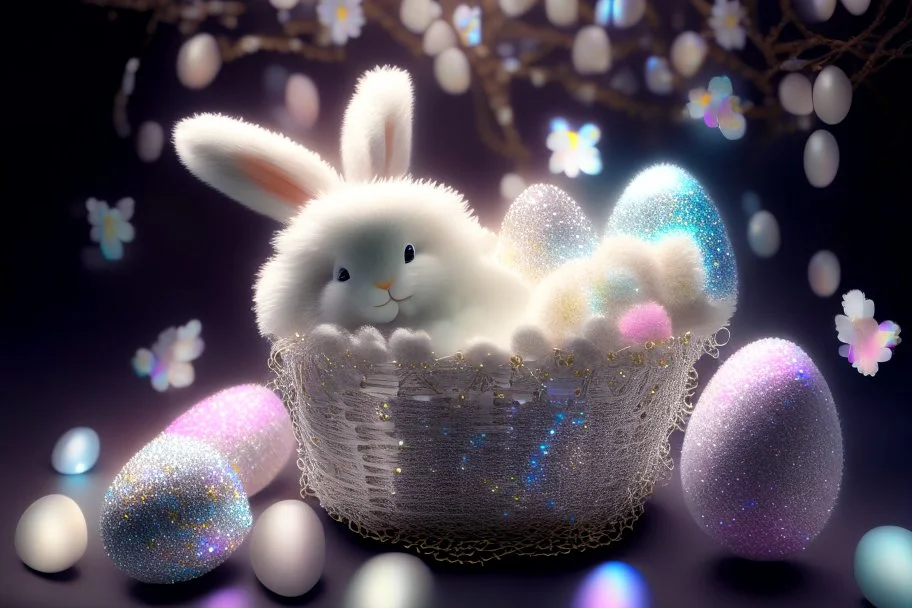 cute chibi plushy fluffy knitted and embroidered natural colored easter bunny in basket, feathers, easter eggs, iridescent flowers incorporated, light emitting, cracked bioluminescent holographic marble background, silver foil, sparkling diamonds, holographic raw pearls, ethereal, cinematic postprocessing