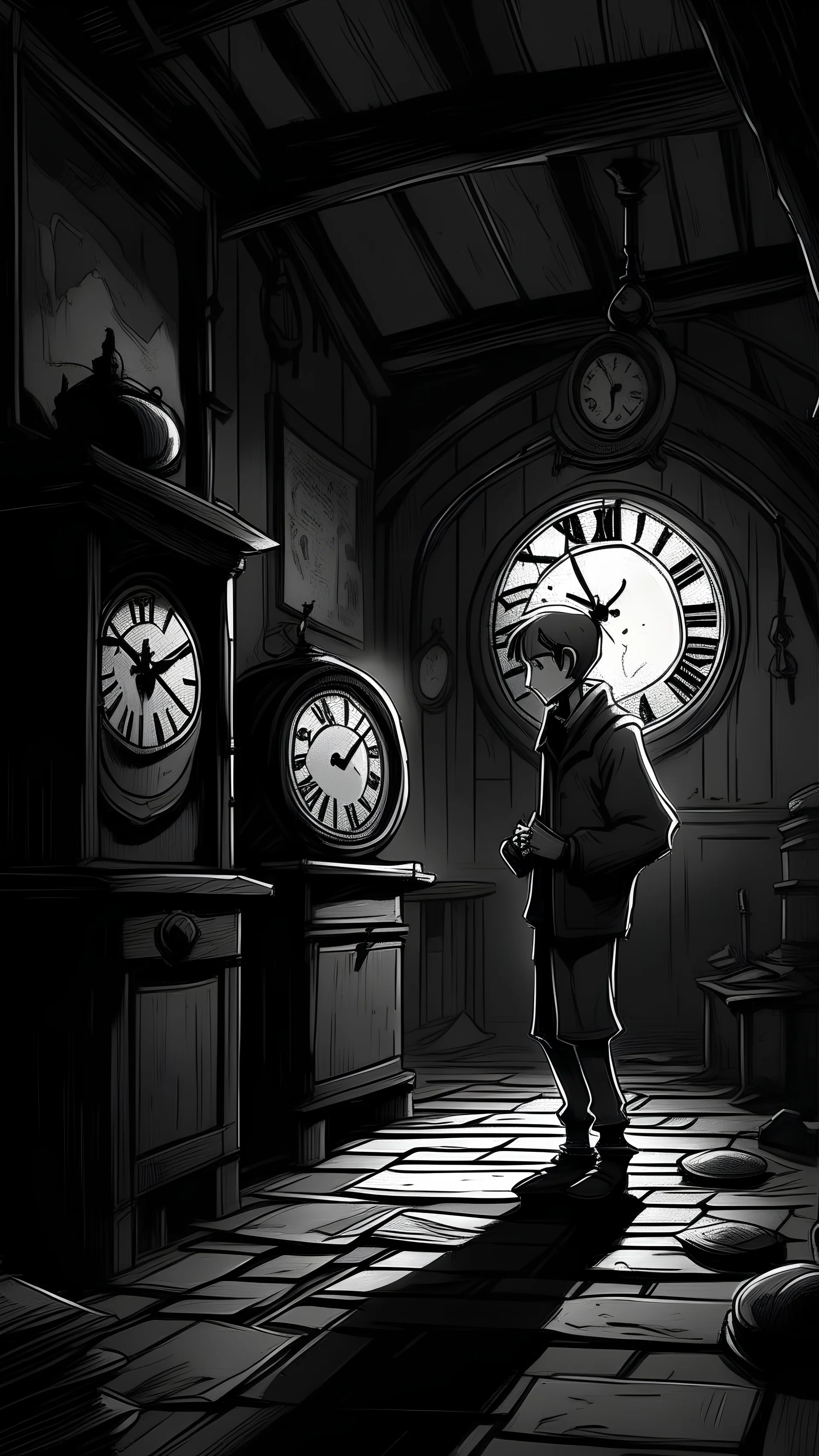 In this mysterious chapter, Alex appears in a dark corner inside the abandoned store, and between his hands is drawn wonder and wonder. He discovers the old clock, broken and looks like it was watched on different time moments. Alex approaches and blends in with the shadows of the past, when he touches the watch with his hands, he feels something supernatural flowing through his body, as a mysterious wave that carries with it secrets that can only be revealed to the brave.