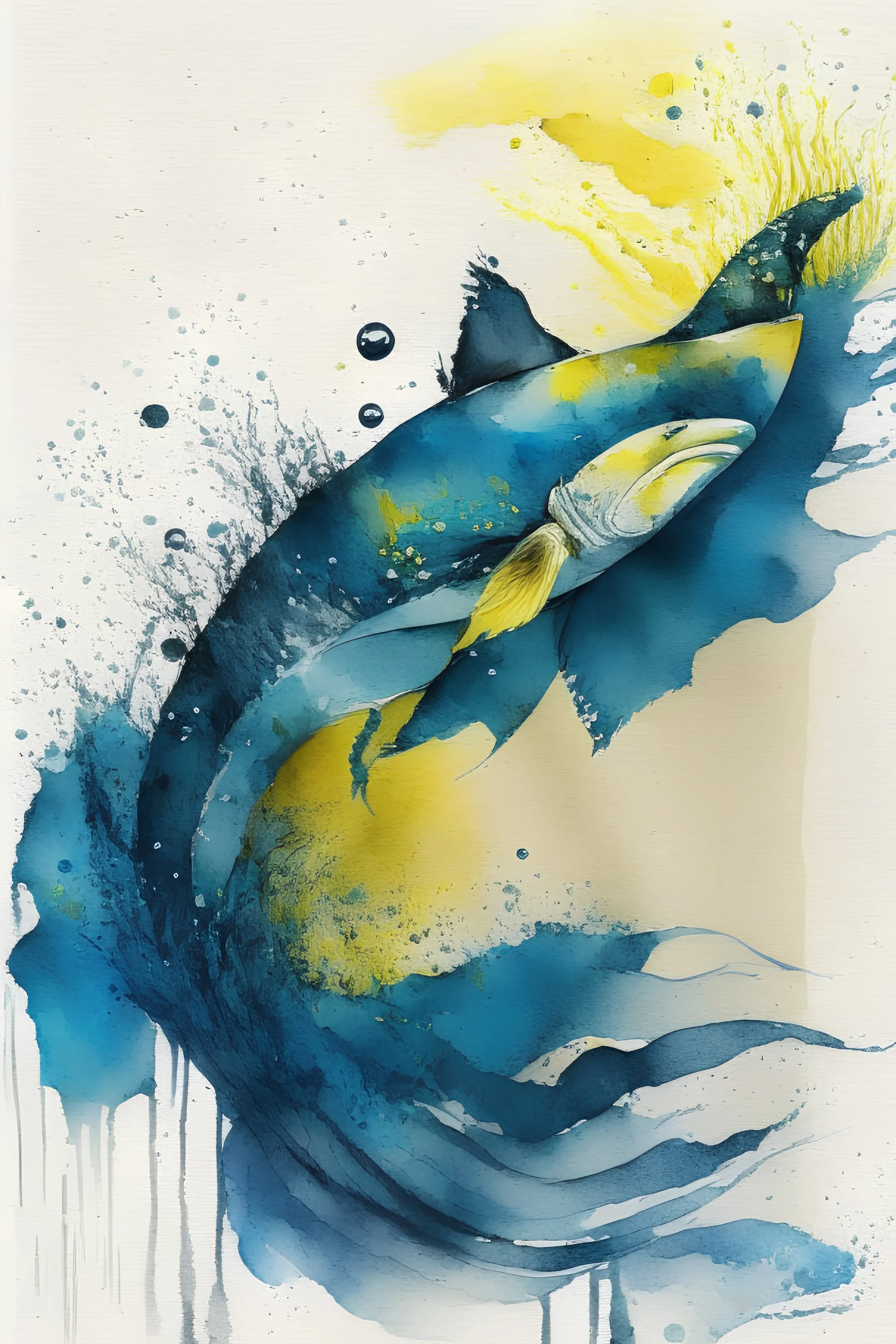 Watercolor yelow with black stripr fishs in blue sea waves, perfect