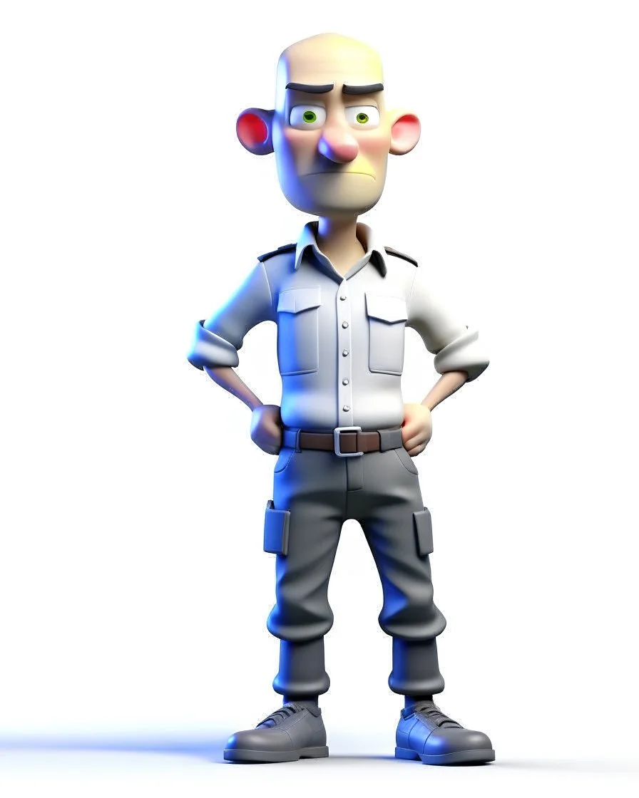 4D cartoon with big head, ultra-realistic details of Patin dressed in a plain gray long-sleeved shirt, cargo pants, cream-colored boots, hands in pockets, white background