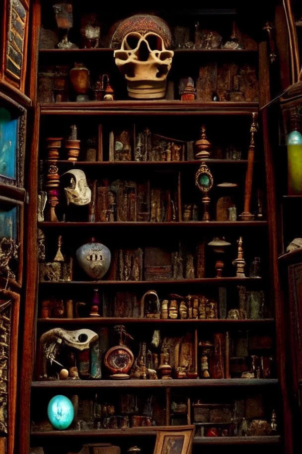 Within the cabinet of Curiosities , each shelf held a treasure trove of peculiar and enigmatic artifacts from distant lands and bygone eras .