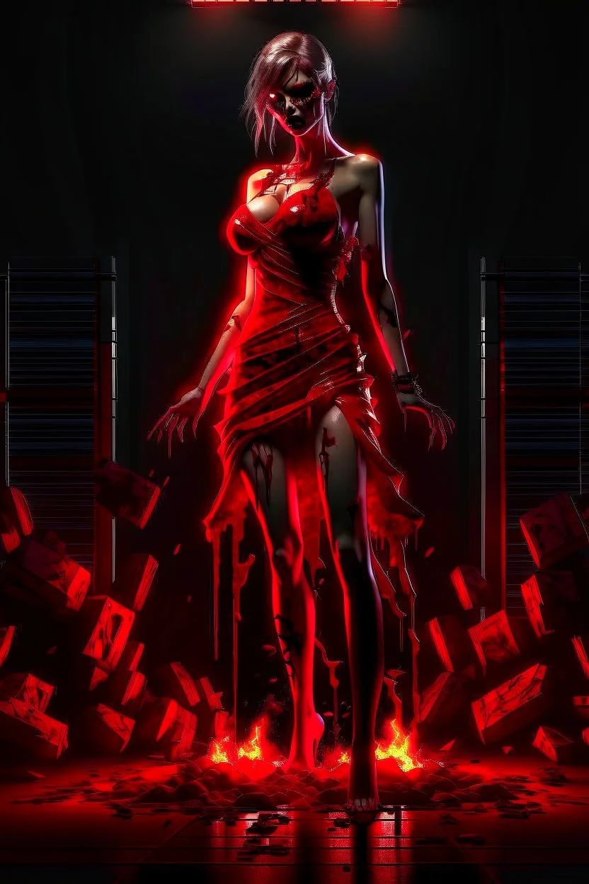 12k ultra-high-definition rendering of a zombie model in a photo studio ,The zombie, adorned in a red ripped tight dress, ripped sideways from top to bottom, long slit, shoes are fashionable platforms, big gun on side thigh, exudes a sinister aura under the studio's dark and mysterious lighting