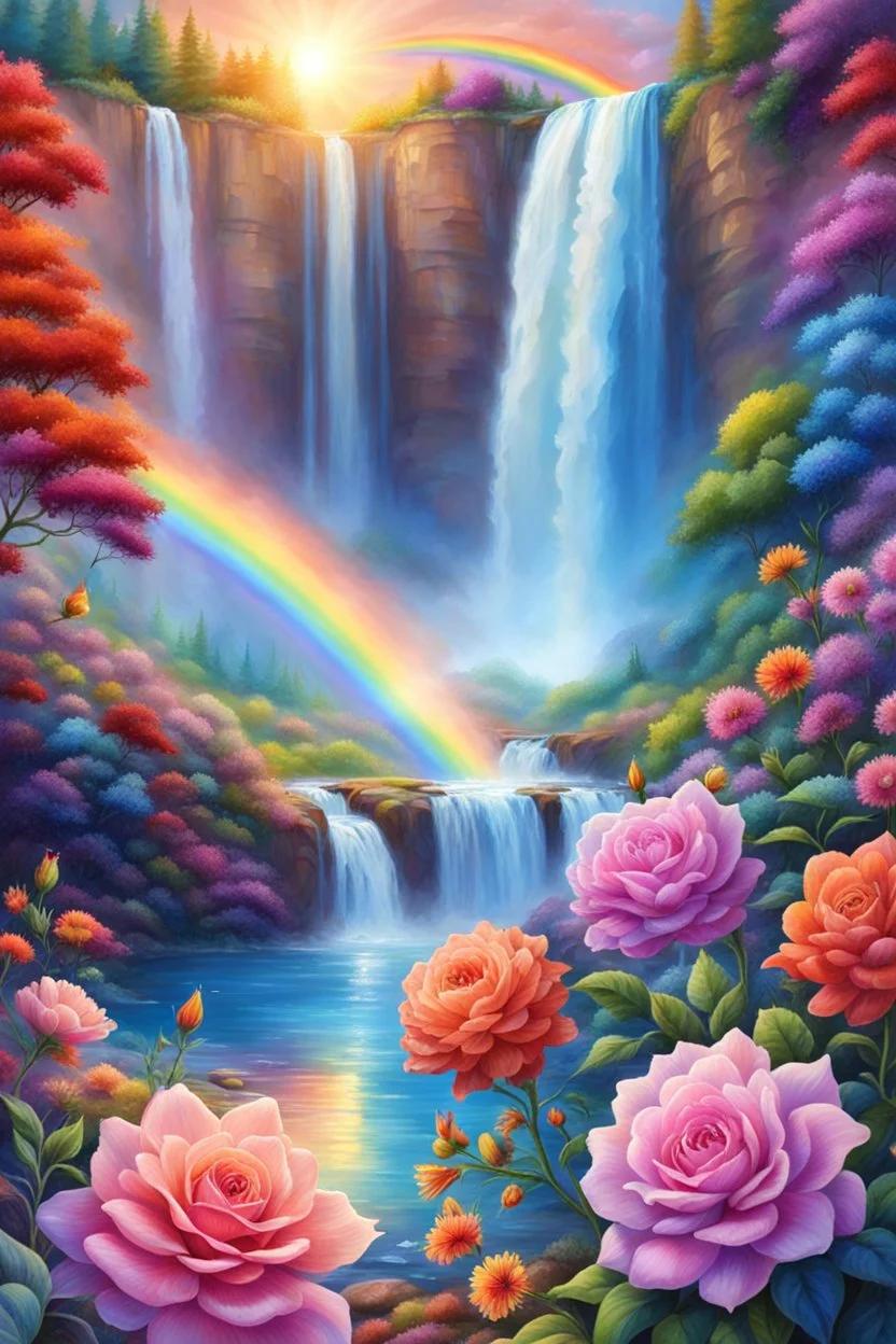 intergalactics ufos rainbows, beautiful gardens , flowers, cascades