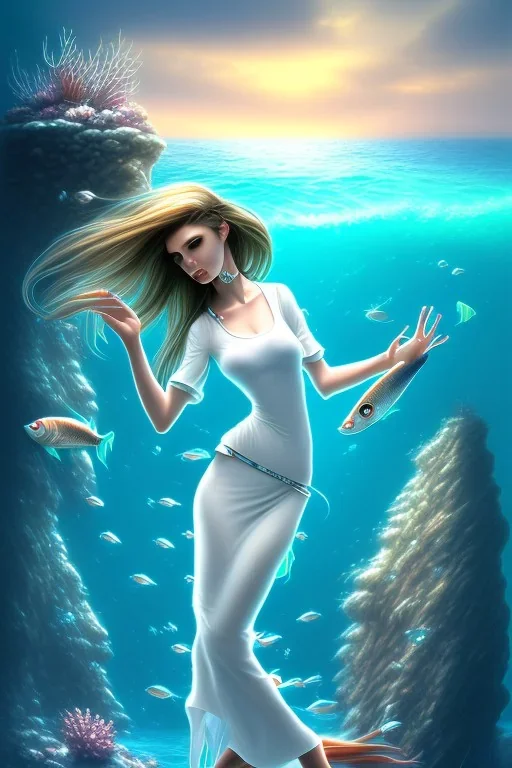 long hair fish lady with white top set on the rock in the ocean