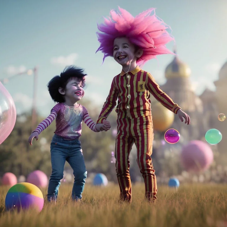 Ultra realistic circus scene. Sweet hair monster and Child’s playing, smile, happy, color bubbles, smooth color, waist up view, Wes Anderson style, dark ambient, highly detailed, concept art, unreal engine 5, god rays, ray tracing, RTX, lumen lighting, ultra detail, volumetric lighting, 3d, finely drawn, high definition, high resolution.