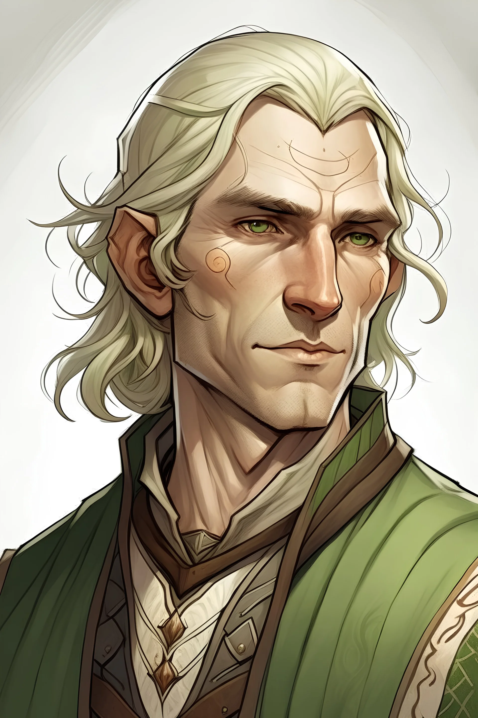 middle aged male elf, commoner, serious expression on face, straight blond hair shoulder length, battle scar on cheek, green eyes, thin lips, drawing style, linen clothes