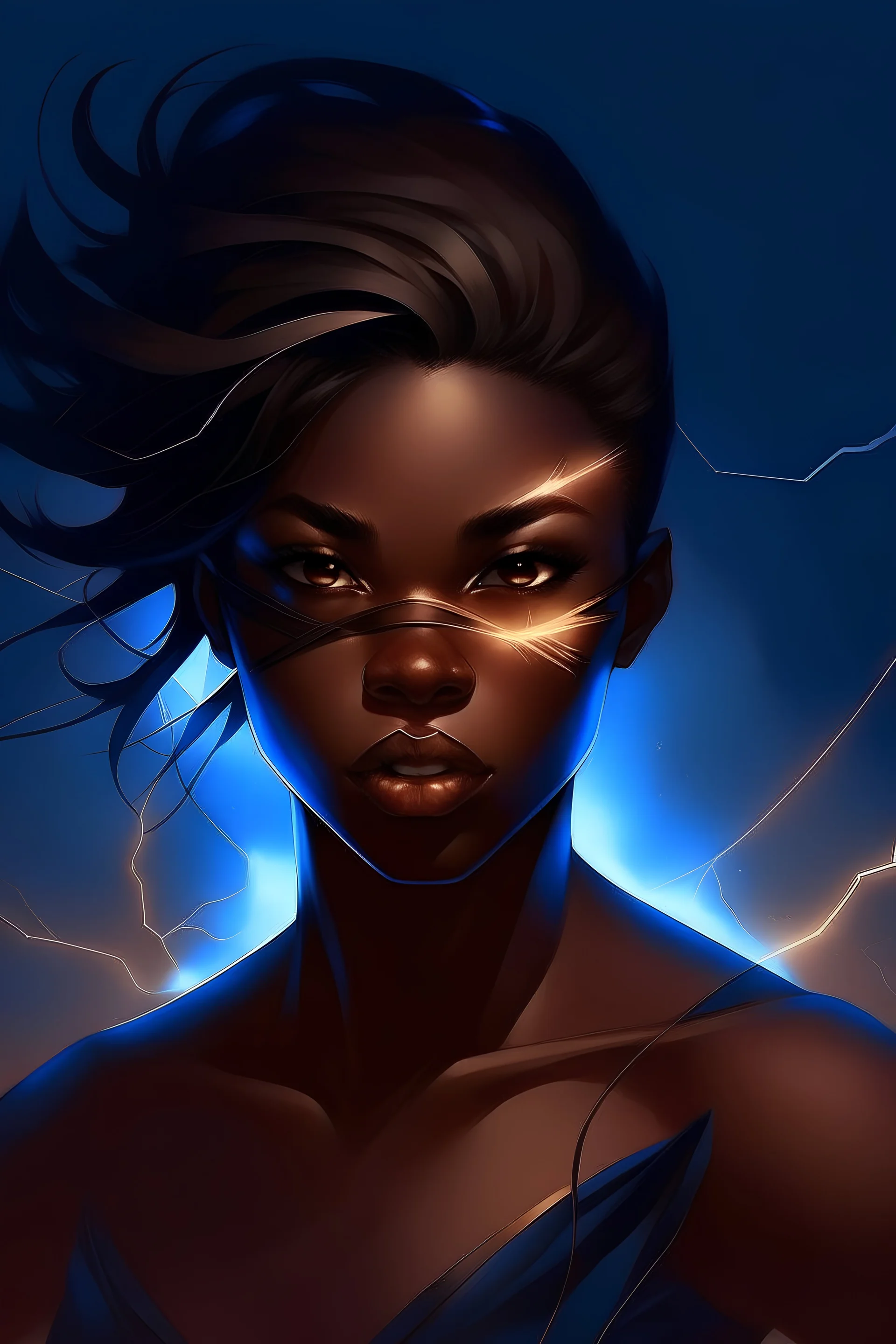 Generate me an image of a dark hair skinny black woman with a bit shorter hair than shoulder length that has a blindfold. she have lightning super powers as well and wearing a mask with lightning pumping through her veins