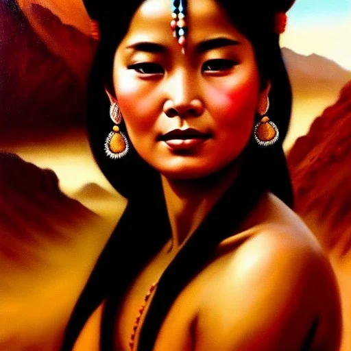 Drawing of 'woman from Saan tribe',sweet stare,painting by Earl Norem, simon Bisley,frazetta,西嘛哒, evan lee, Vallejo,kelly oil on canvas, cinematic composition, extreme detail,fit full head inside picture,8k