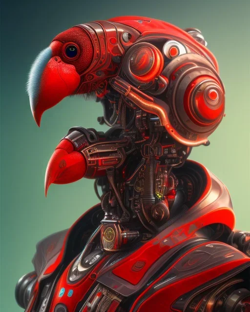 A beautiful portrait of a cyborg bird red color scheme, high key lighting, volumetric light high details psychedelic background