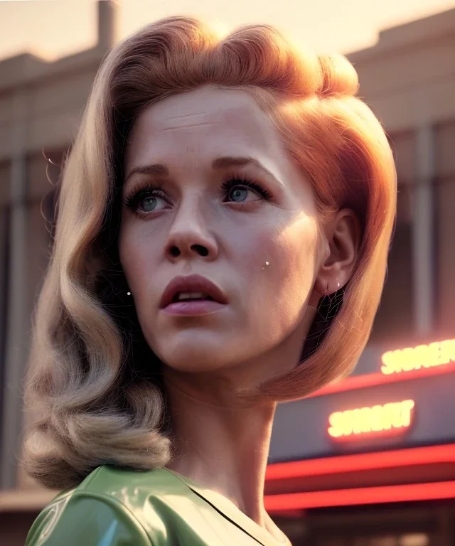 Ultra Realistic retro sci-fi movie Supermarket parking scene, 1960 year, waist up view portrait, 2 clones blonde women, sweet young Jane Fonda face, perfect iris, glow eyes, face makeup, tight latex coat. Supermarket place with people background, Retro sci-fi style, soft color, highly detailed, unreal engine 5, ray tracing, RTX, lumen lighting, ultra detail, volumetric lighting, 3d, finely drawn, high definition, high resolution.