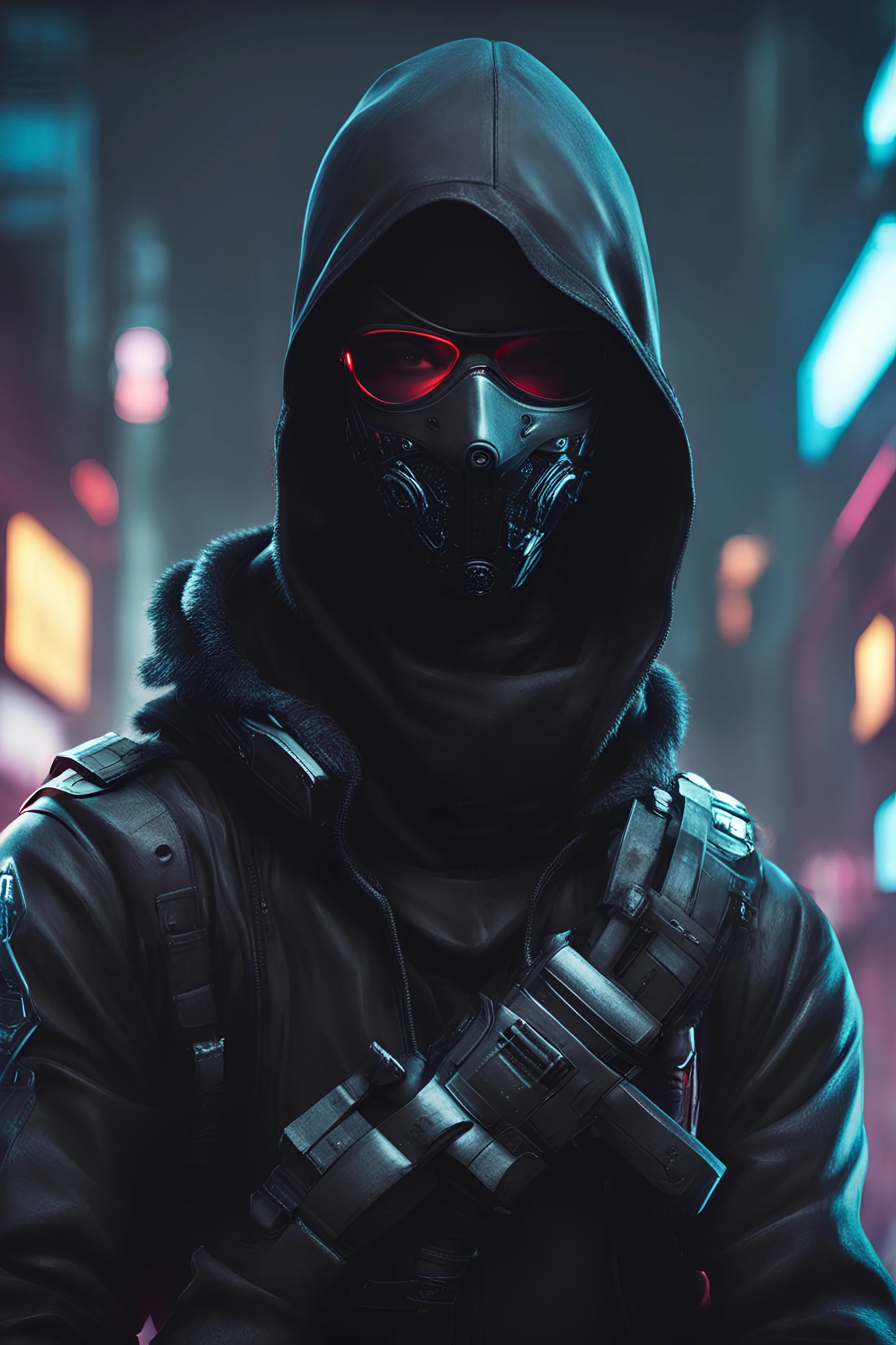 cyberpunk assassin in a black ski mask