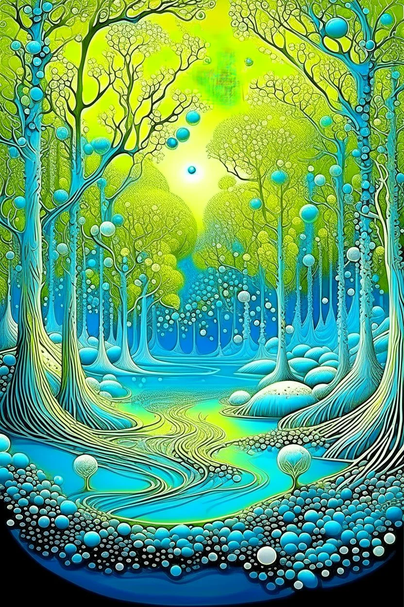 A stunning forest with tree made out of plastics and a lake of white small balls ad water, surreal, Dali, Van Gogh, fine line art styles , fantasy world ,