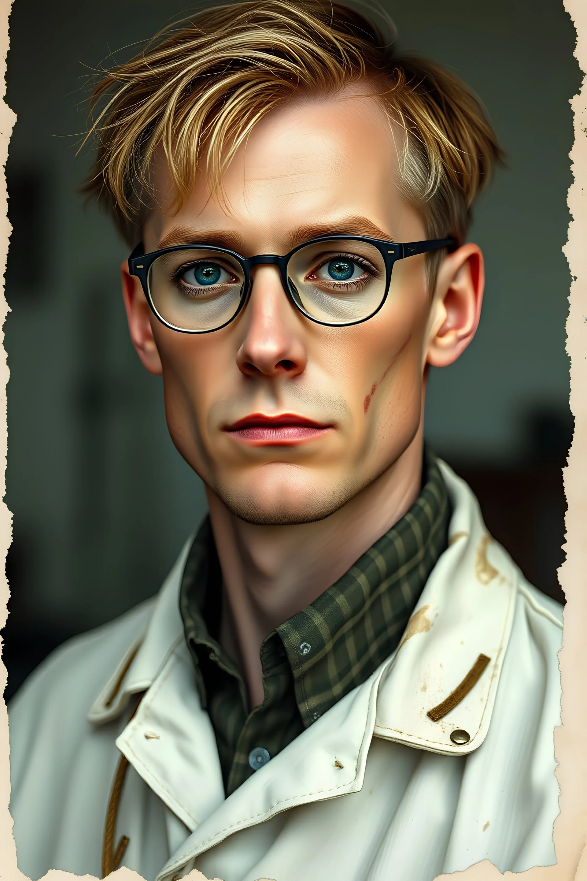 William Fickermeister is a 30-year-old Anglo-German scientist. Serious, intelligent and thoughtful character. Tall, thin, slender, blond with blue eyes. he wears glasses. has messy hair. he has a scar on his left face. wears a dirty German white scientist's outfit. It's a torn photo in WWII style.