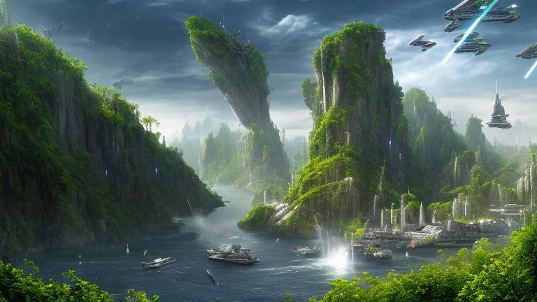 Many spaceliners docked at a huge busy spaceport, with gantries and walkways, setting into the side of a huge cliff, trees, vines and plants, Star Wars, Star Trek