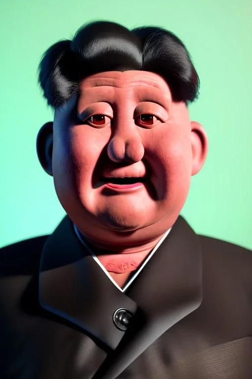 Waist up muppet Portrait, Kim Jong-un as muppet doll, black suit, photo studio, red background, unreal engine 5, concept art, art station, god lights, ray tracing, RTX, lumen lighting, ultra detail, volumetric lighting, 3d.