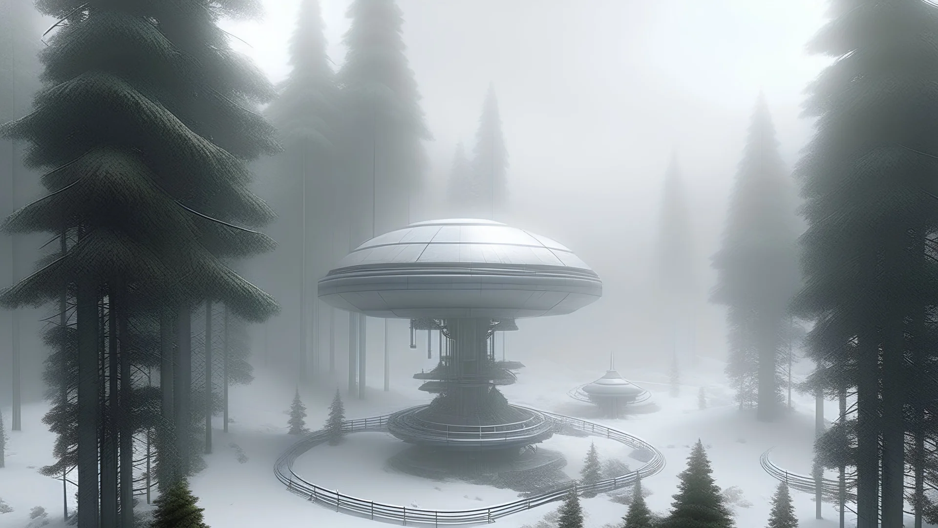 a station for spaceship passengers embedded in a forest with a landing pad. The stations use the base of big trees and trees grow out of the top. Some of the trees grow through the stations because they're so big. This is in a blizzard setting.