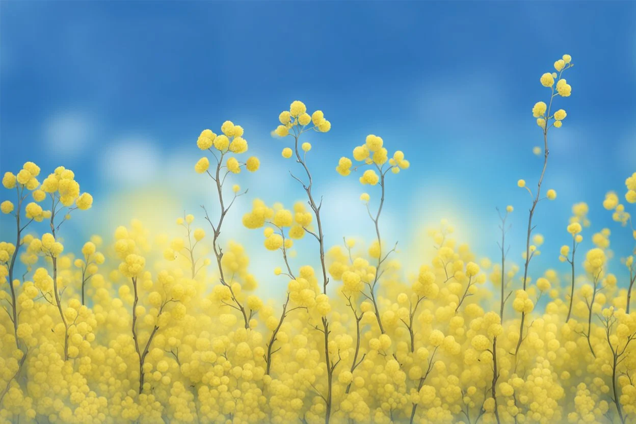 blue sky for top half, across Middle is canola flowers with canola stems branches and leaves below, realistic