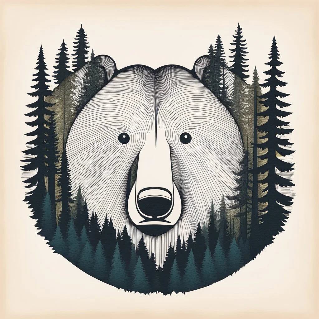 M shaped bear head surrounded with lots of woods silhouette in background, letterpress style, minimalistic pencil art