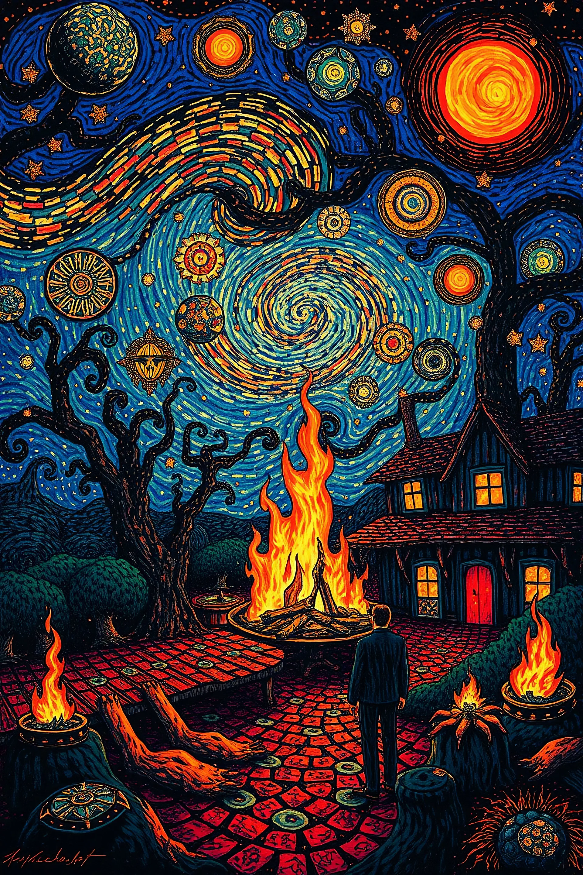 The Fire in the Madhouse at the End of Time; Pointillism; in the style of Vincent Van Gogh