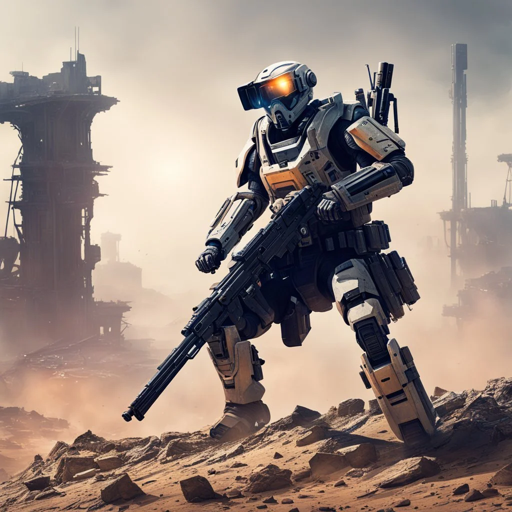 Scifi robotic sniper with a long rifle, kneeing on the top of a ruined building, in the dust