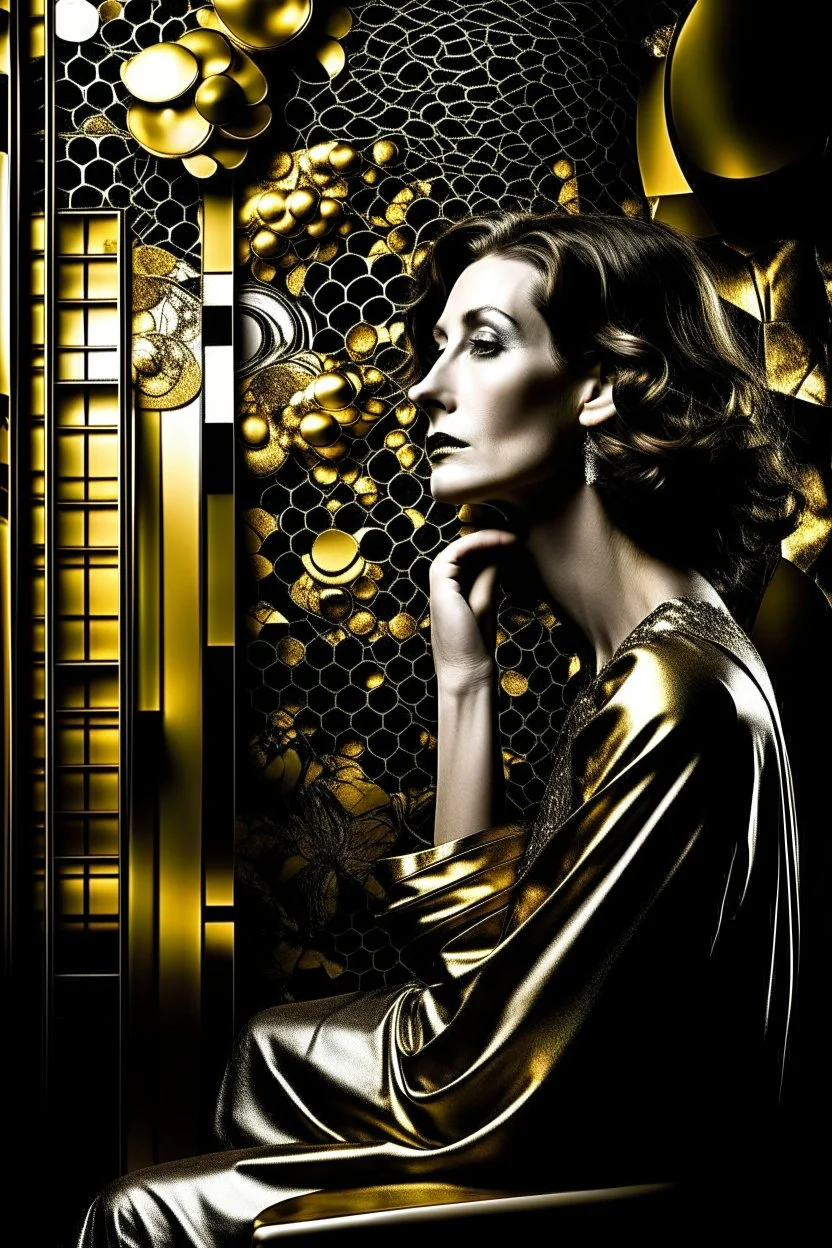 Create a conceptual photograph of a female figure, SALVADOR DALI STYLE MIXED WITH GUSTAV KLIMT STYLE AND TAMARA DE LEMPICKA STYLE, 3/4 SIDE VIEW, SILVER, GOLD, BLACK COLORS in a contemporary setting, incorporating provocative, thought-provoking elements. The image should demonstrate the confidence, strength and vulnerability of the subject. Consider using symbolic objects, abstract shapes, or artistic expressions that convey a strong message. The style and lighting should be modern, avant-garde