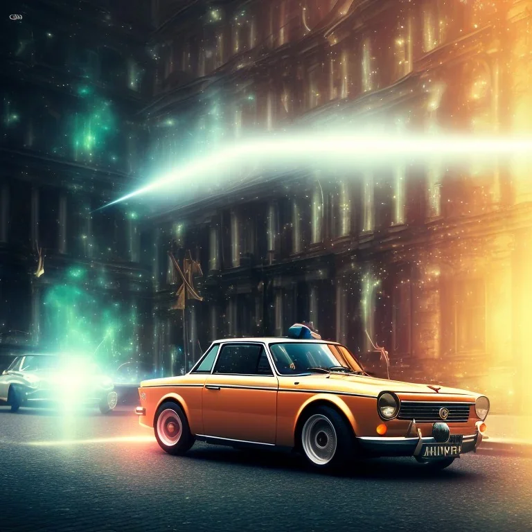 fiat 125p, city. high speed. bokeh. lens flare. warm lights. high detailed