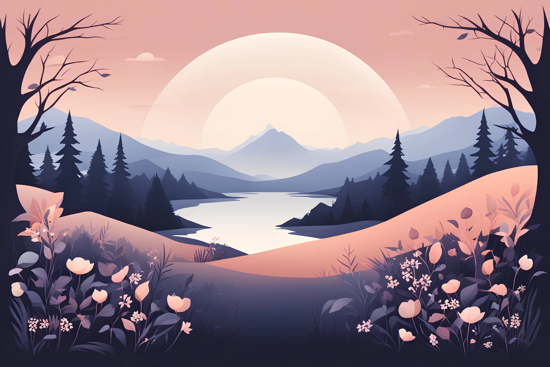 a darker shade of pastel landscape flat illustration of clock in the centre and nature with clear space for text iput