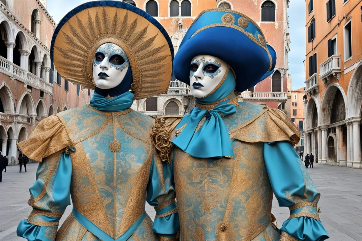 venice in a carnival picture 3, in the style of fantastical compositions, colorful, eye-catching compositions, symmetrical arrangements, navy and aquamarine, distinctive noses, gothic references, spiral group