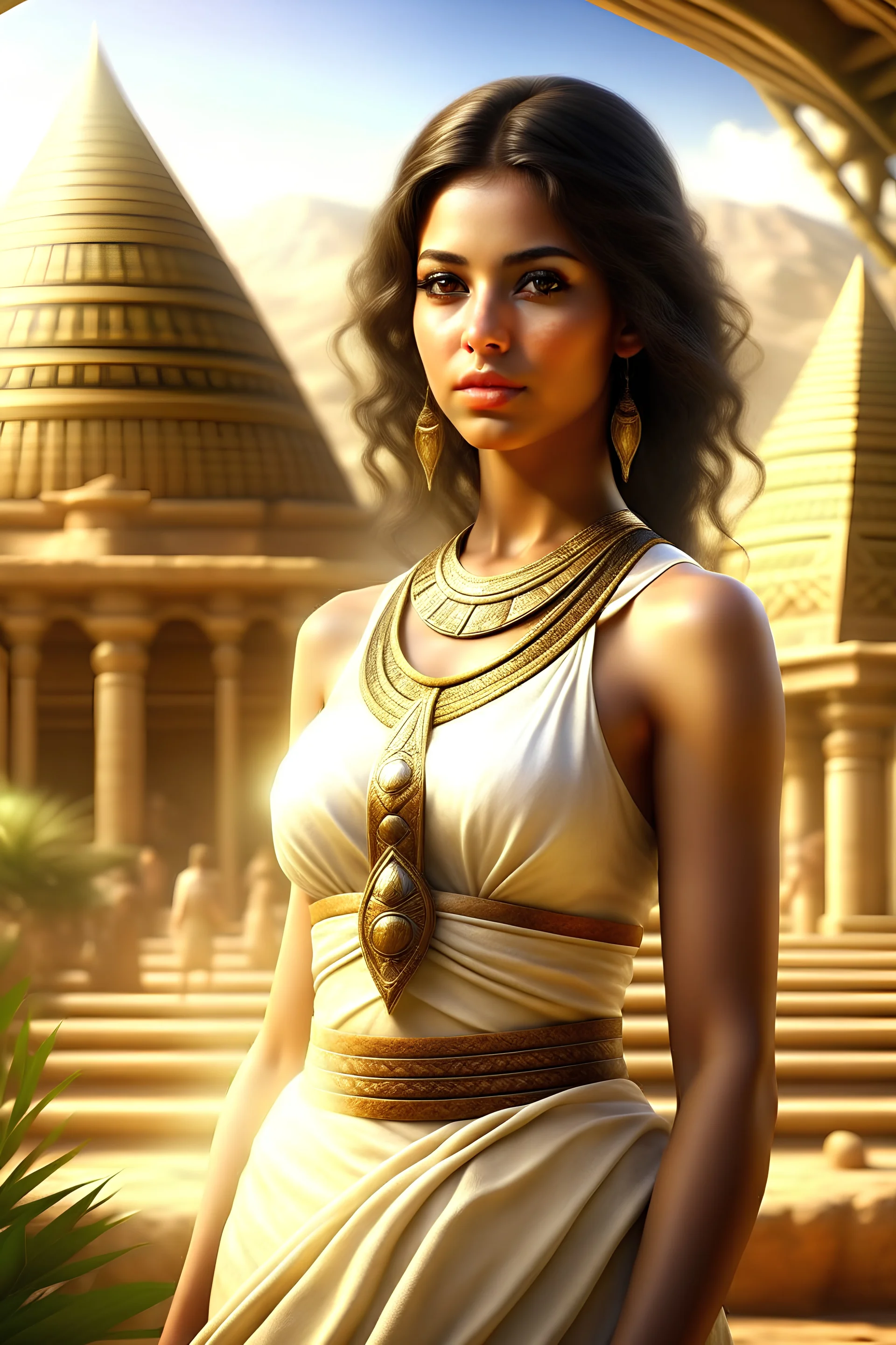 Digital art, high quality, digital masterpiece, natural illumination, spotlight, summer time, sunny day, realistic, film style, beautiful, (full body:3), (1 beautiful Egyptian young girl standing, wearing a White Egyptian dress:3), (cute femenine face:1.8), (sexy eyes:1), tan skin, (Egyptian dress:1.5), (dark brown hair:1.8), (pyramids at background:2), (Desert:2), sunshine