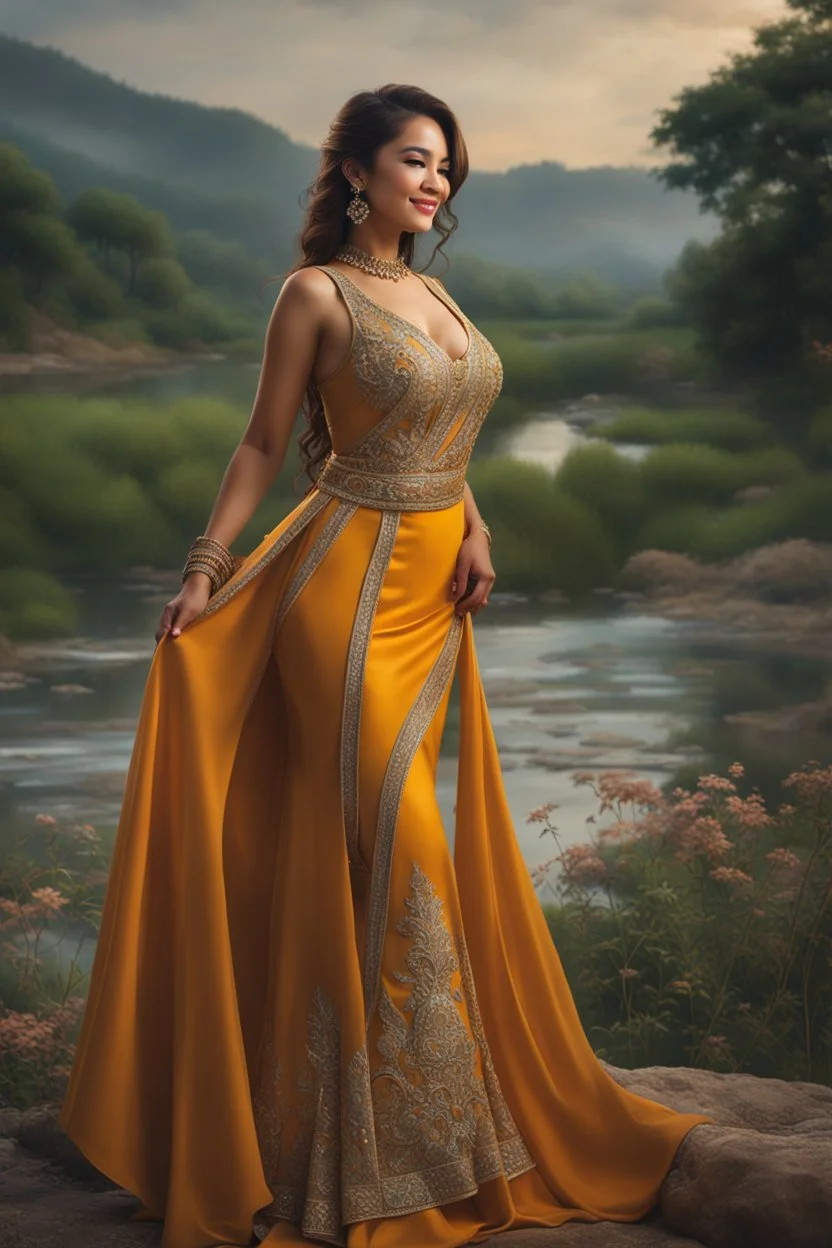 ((full shot body)) photo of the most beautiful artwork in the world featuring model, smiling, , High Detail, Sharp focus, dramatic, photorealistic, ultra sharp, ultra hd, hyper realistic, ultra realistic, ((((dress)))), trending on artstation, sharp focus, studio photo, intricate details, highly detailed, standing in nice pose in country side with river ,water fall ,rocky vally