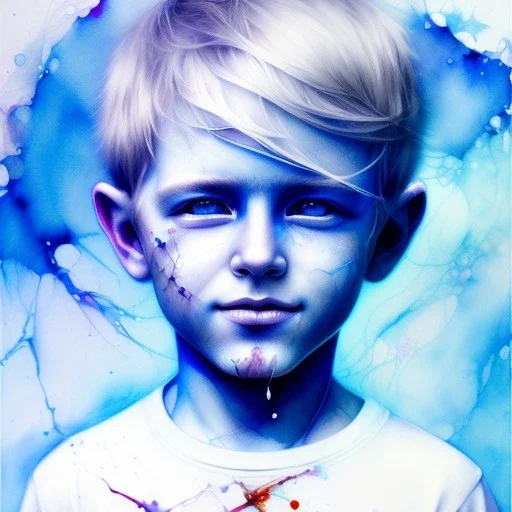 photorealistic boy, 5 years old, smiling, happy, blue eyes, blonde hair, white face, watercolor illustration by <agnes cecile> <Yoji Shinkawa>, natural tones, ornate and intricate detail , soft smooth lighting, soft pastel colors,