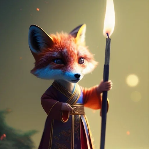 a cute litte fox wearing Hanfu, holding a large candle, BK complex detail, cinema, reality, detail, octane rendering, stoic cinematic 4k epic detailed photograph shot on kodak detailed bokeh cinematic hbo dark moody 8k, 85mm f/16 by leica