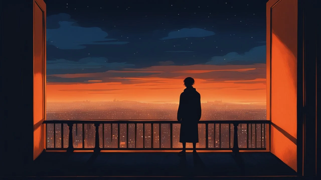A lone figure stands on a balcony overlooking a city at night. The figure is silhouetted against a brightly lit doorway, casting a warm orange glow. The city below is a blur of lights, with hints of orange and red reflecting off the dark buildings. The sky is a deep, moody blue, with a few wispy clouds. The overall mood is one of solitude and contemplation.