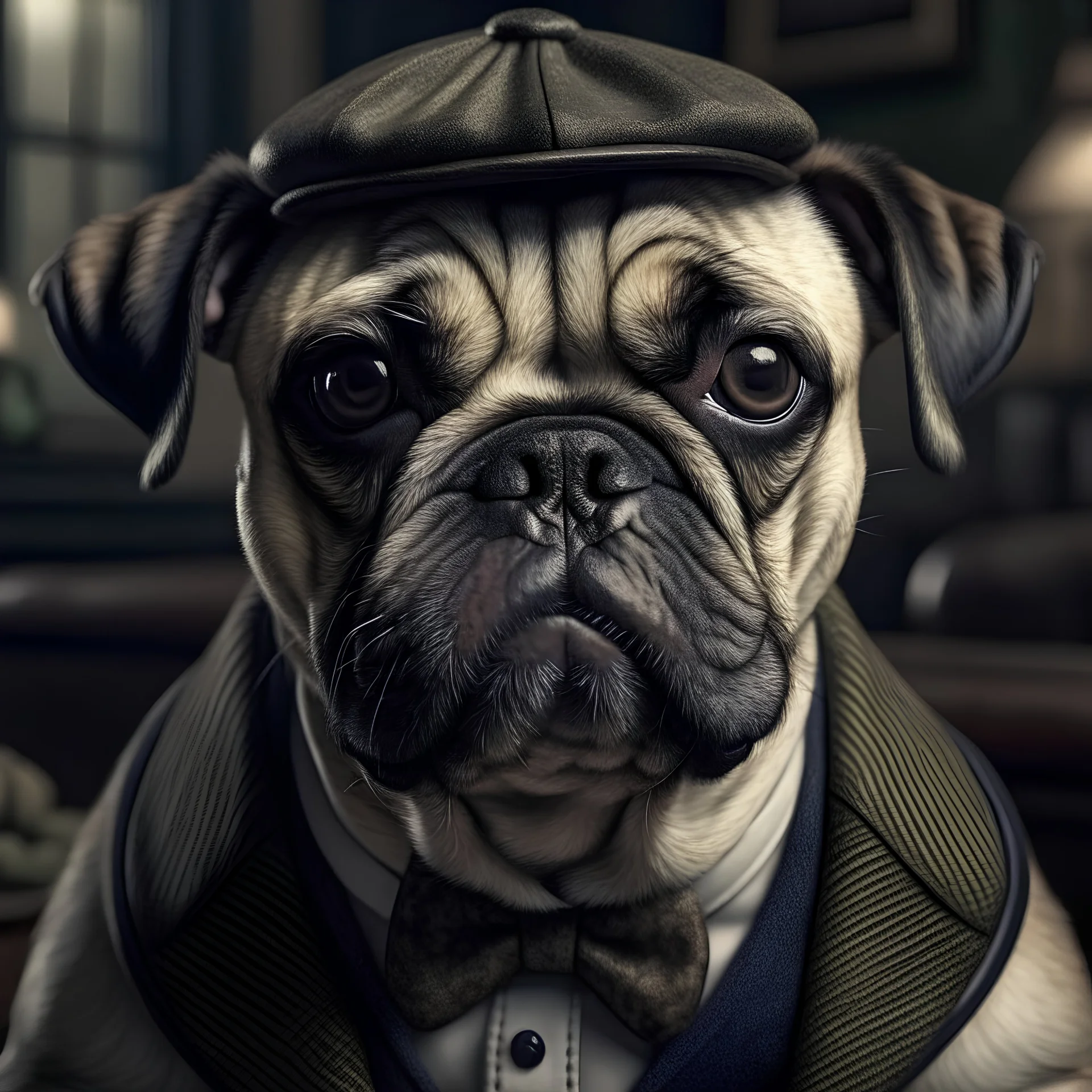 a medium quality image of "The pug in the TV series Peaky Blinders", TV show character, cute, adorable, pet photography, close up, realistic, front view, 4k